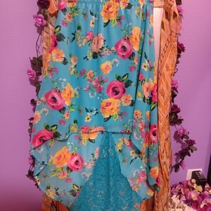 Tempted Floral Kids Skirt - Blue and Pink